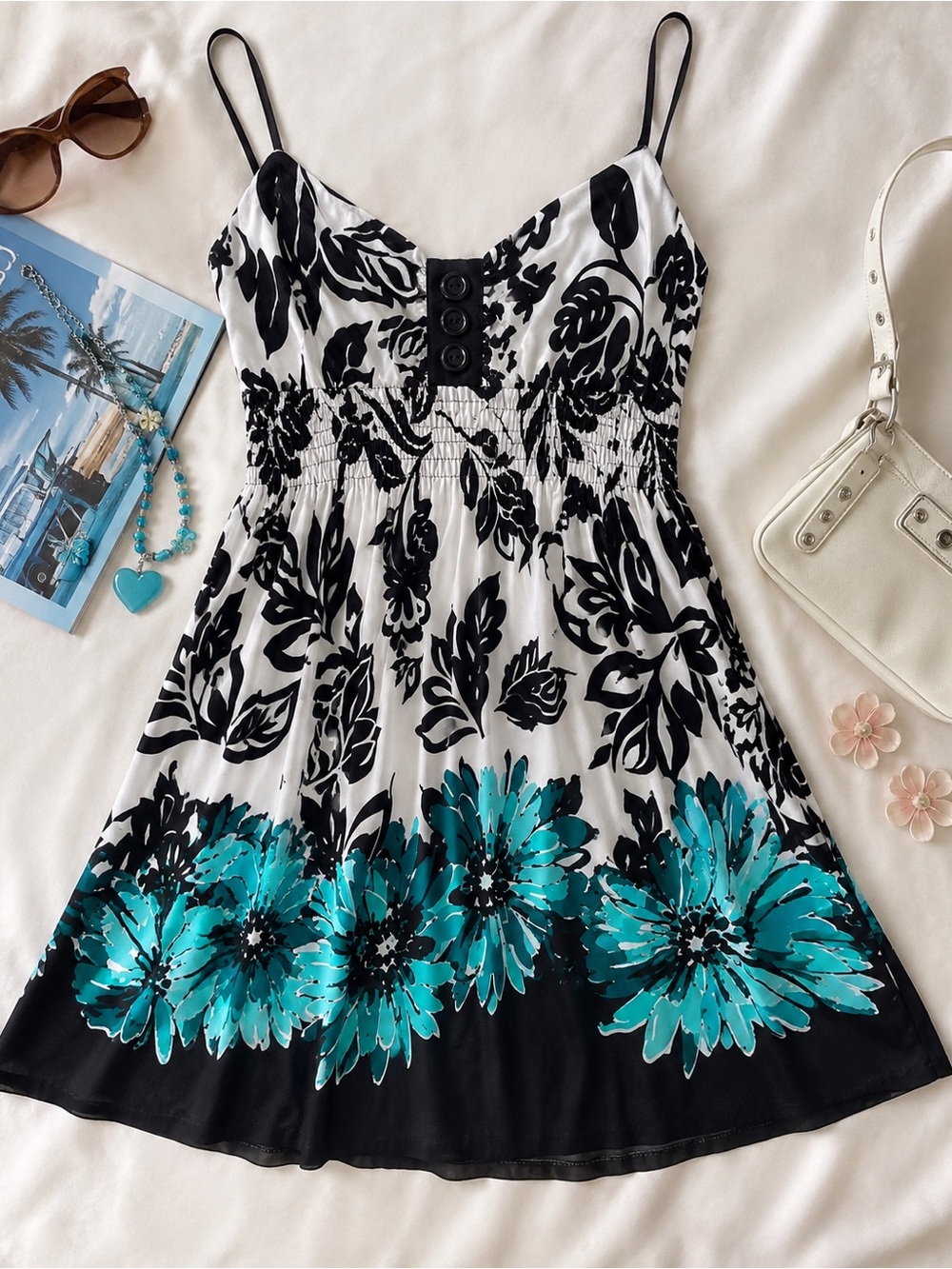 Vintage Y2K Sweet Storm Floral Sundress Aqua Blue Tropical Empire Waist M Fairy
